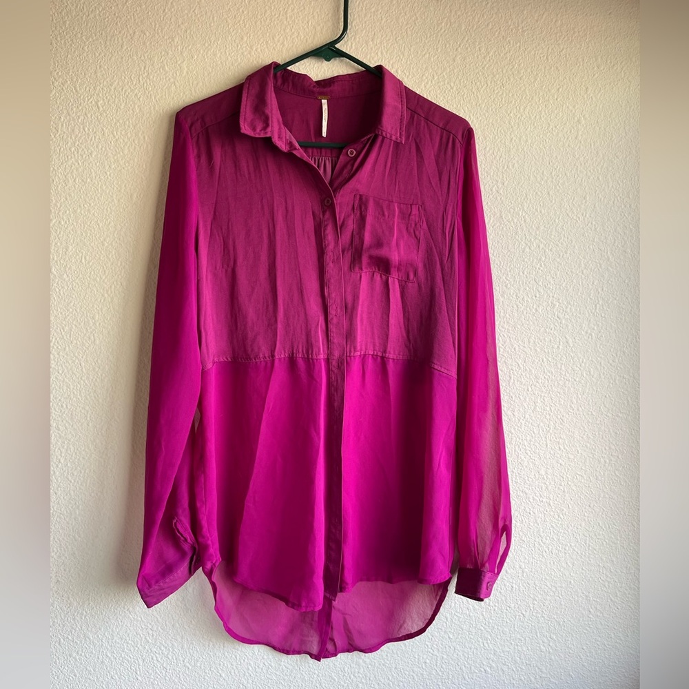 Free People "Best Of Both Worlds" Sheer Long Sleeve Button Down - Magenta - Sz M